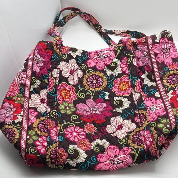 Vera Bradley Quilted Duffle Bag Mod Floral Pink Brown 22" Top Zipper Travel - Picture 4 of 14
